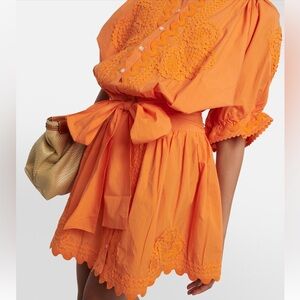 NWT Juliet Dunn 1 Cotton Poplin Shirt Dress Embroidery Bow Belt Mini Neon Orange